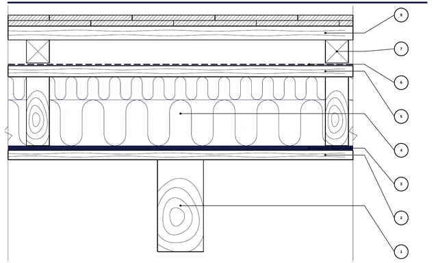 CAD detail ISO-ACO-05: Habitable attic with exposed rafters — Gold laid over the timber boarding