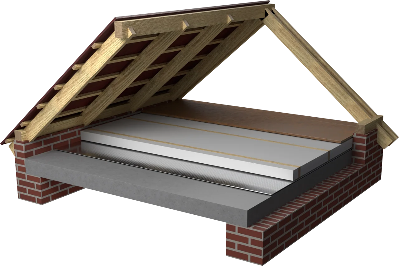 3D rendering: the concrete slab in the unheated attic, with walkable boarding