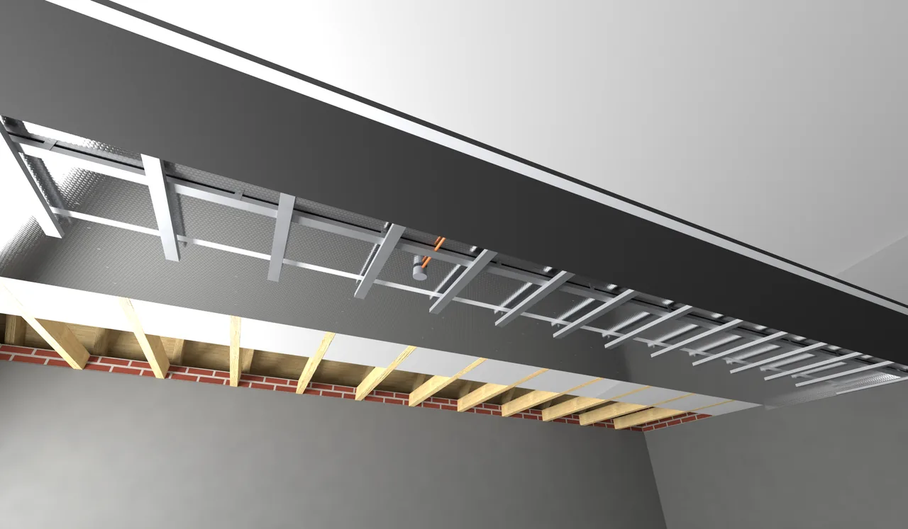 Rendu du plafond à solives sous combles perdus froids, avec les couches du System 10 Basic