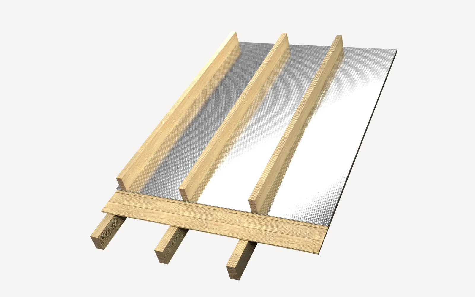 Installation, step 2: Gold laid flat on the timber panelling, with the rafters installed over it