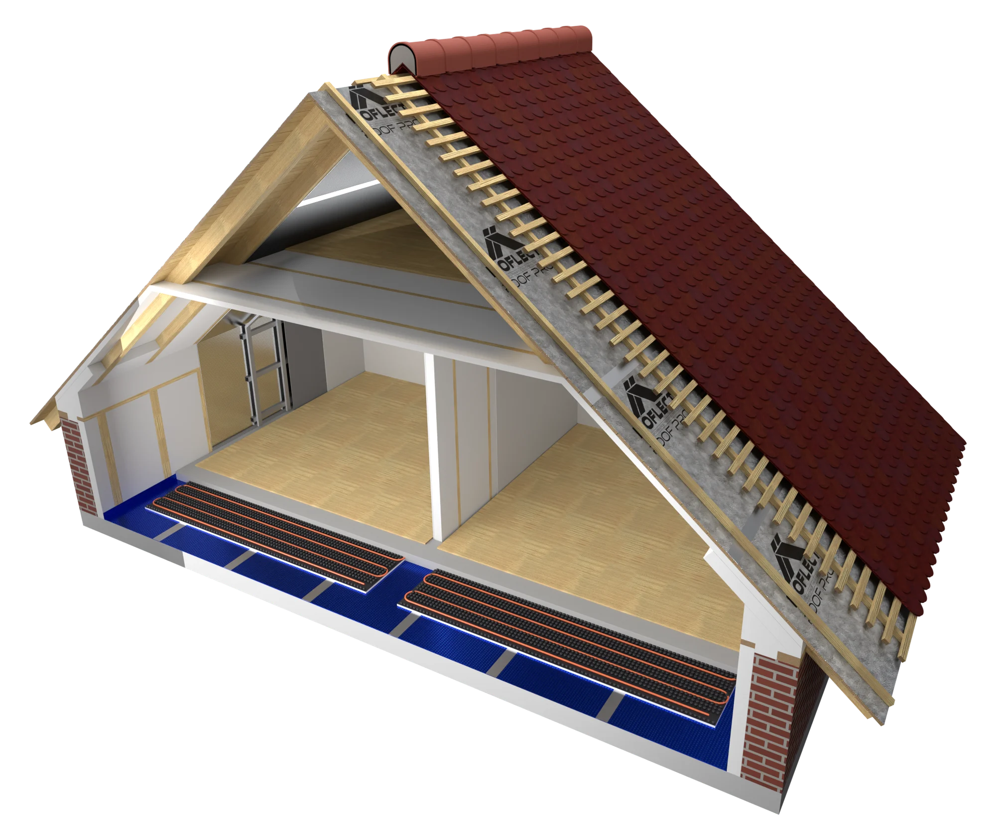 Coupe d'une maison : toiture, combles aménagés, combles perdus, murs et sol isolés avec Isoflect