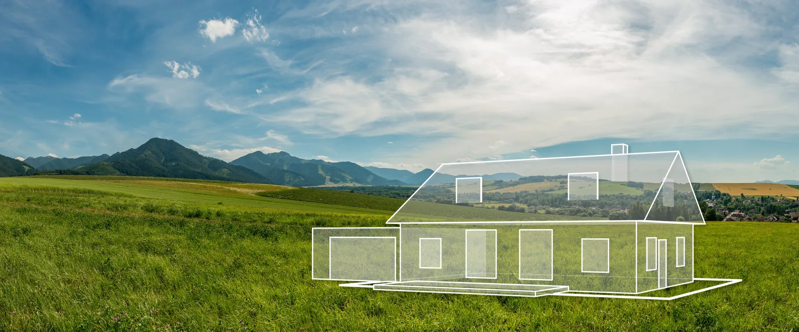 Prairie avec des montagnes en arrière-plan, sur laquelle une maison est dessinée en lignes blanches : la maison que vous souhaitez