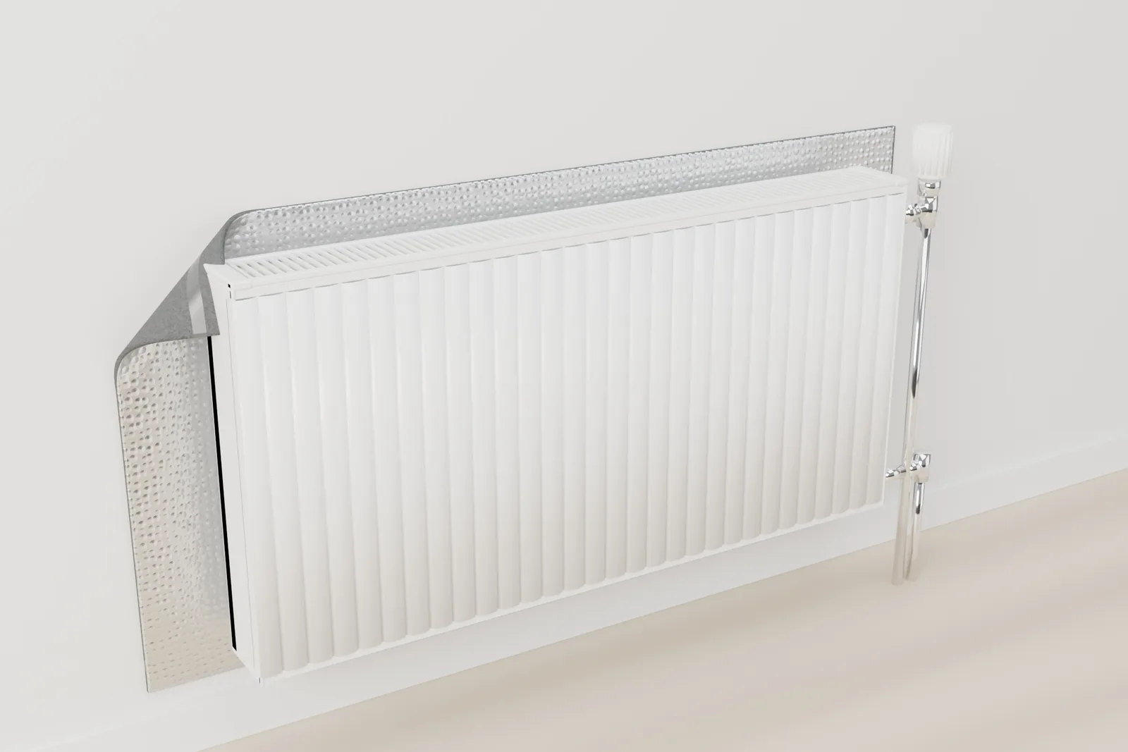 Isoflect Recuperator installed on the wall behind the radiator, with the aluminium facing the radiator