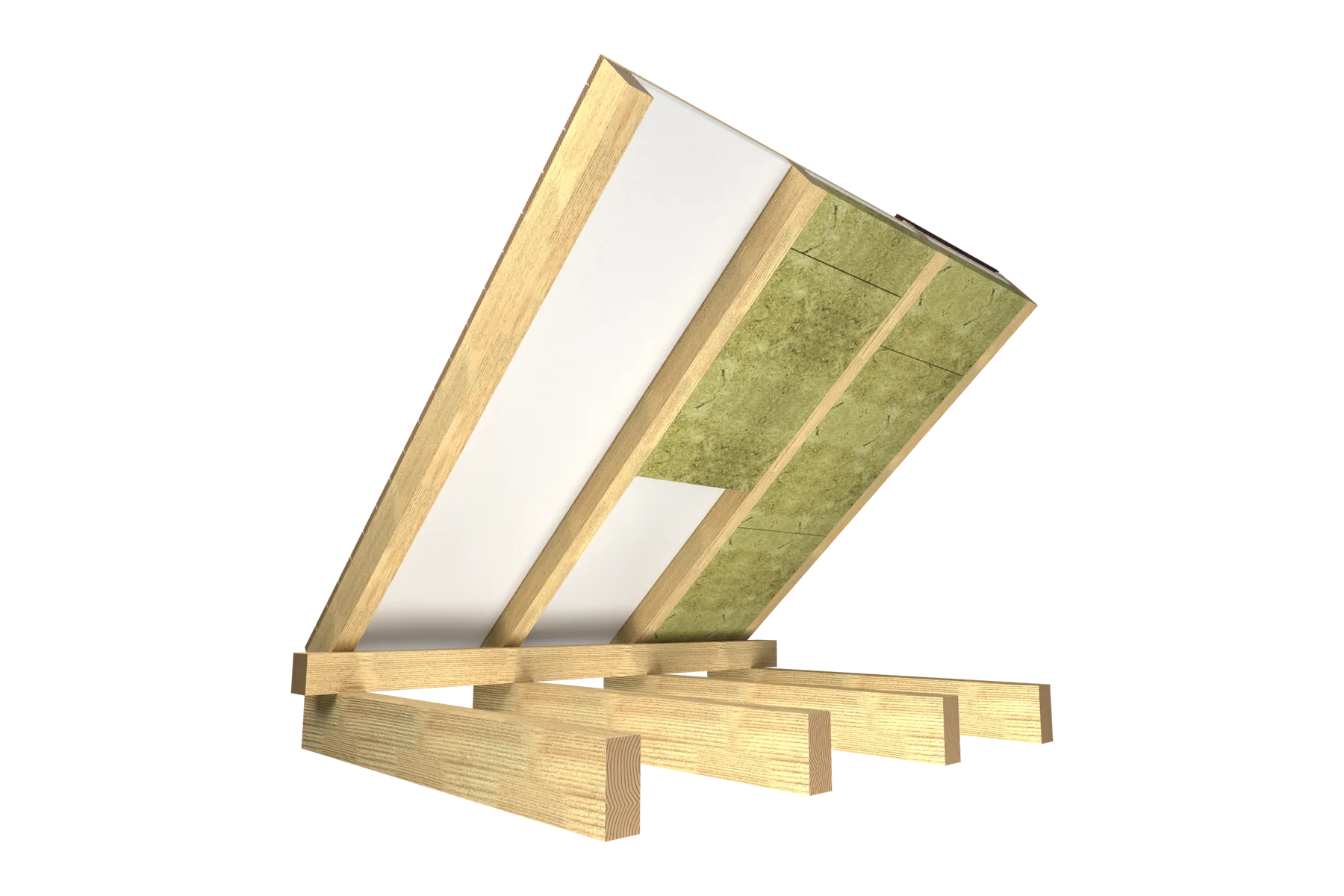 Rendering of the application: Wolle P800 between the rafters, beneath the roof boarding